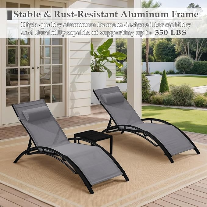 EROMMY Outdoor Chaise Lounge Set of 3, Reclining Patio Chairs - Image 6