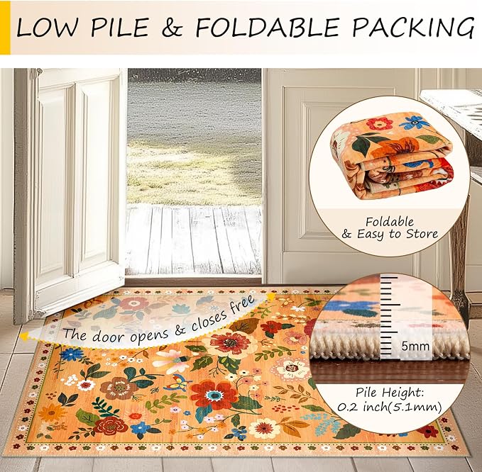 RELEANY Floral Washable 9x12 Area Rugs Yellow/Orange/Red | Flower Carpet Print - Image 5