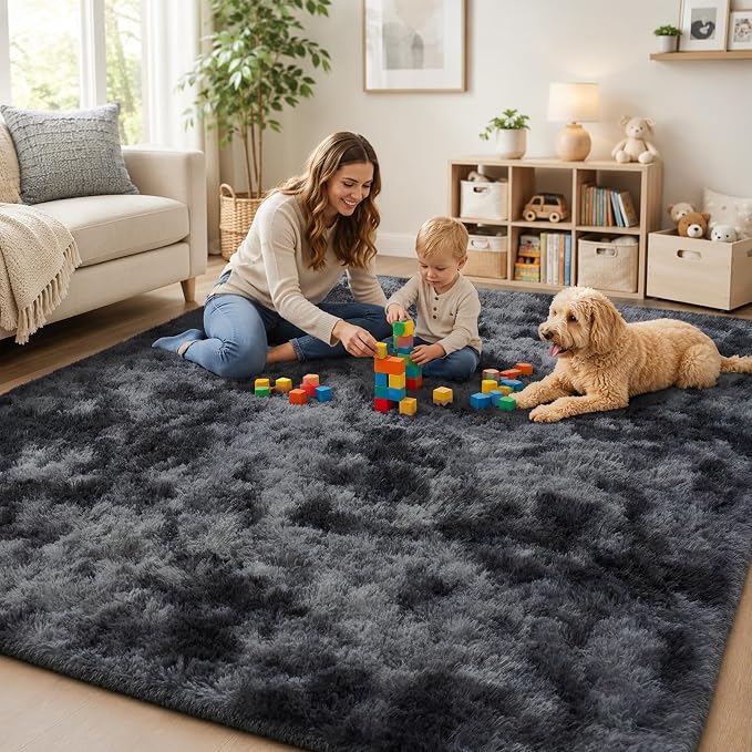 PLHXFR 9x12 Area Rugs Living Room: Fluffy Bedroom Soft Shag Rug Black Grey | - Image 8