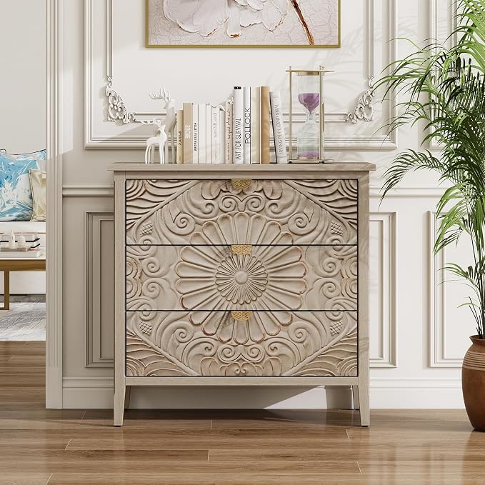 Carved 3 Drawer Cabinet with Floral Pattern & Gold Handles, 31.5" W Distressed by LFGUIZO