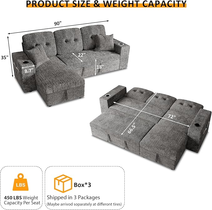 90 Inch Modular Sectional Sleeper Sofa Bed, 4 in 1 Pull Out Couch Bed - Image 3