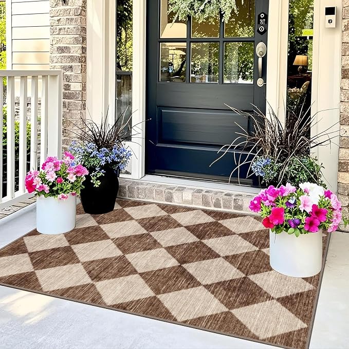 Brown Beige Checkered Entry Rug - Image 4