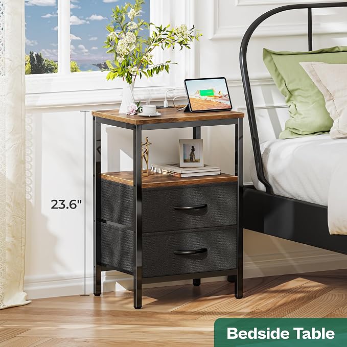 Huuger Nightstand with Charging Station, Side Table with Fabric Drawers - Image 4