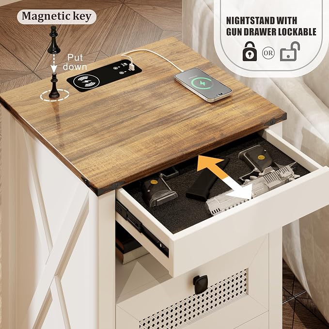 FREDEES Nightstand Set 2 with Gun Drawer, Bed Side Table with Charging Station - Image 3