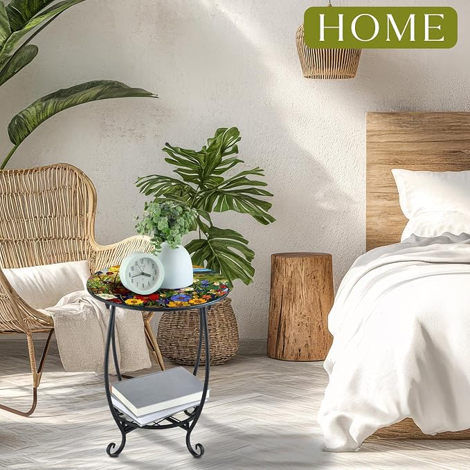 Cinnvoice Outdoor Side Table Round Small Mosaic Patio Accent Indoor End Plant - Image 6