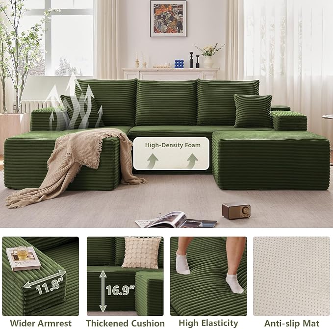 107" Comfy U-Shaped Sectional Modern Boneless Corduroy Couch - Image 4
