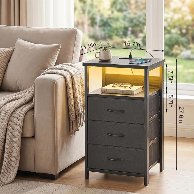 Fixwal Night Stand with 3 Fabric Storage Drawers, LED Nightstand with Charging - Image 3