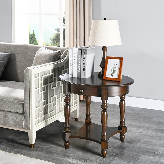 Oval End Table with Drawer, Solid Wood Sofa Side Table with Storage Shelf - Image 9