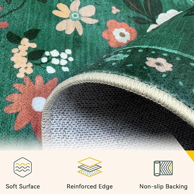 RELEANY Floral Washable 5x7 Area Rugs DarkGreen | Flower Carpet Print Boho Cute - Image 3