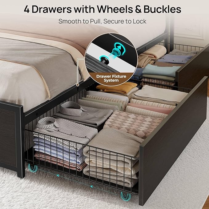 Rolanstar Queen Bed Frame with 4 Storage Drawers, Charging Station and LED - Image 4