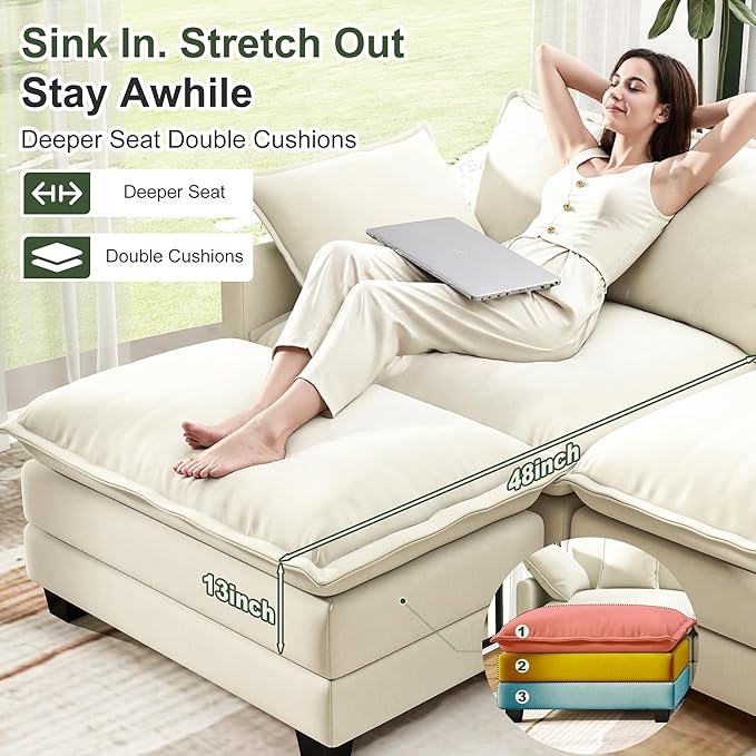 146" Cloud Couch Sectional, U Shaped Modular Sectional Sofa, 4-Seat Deep Seat - Image 4