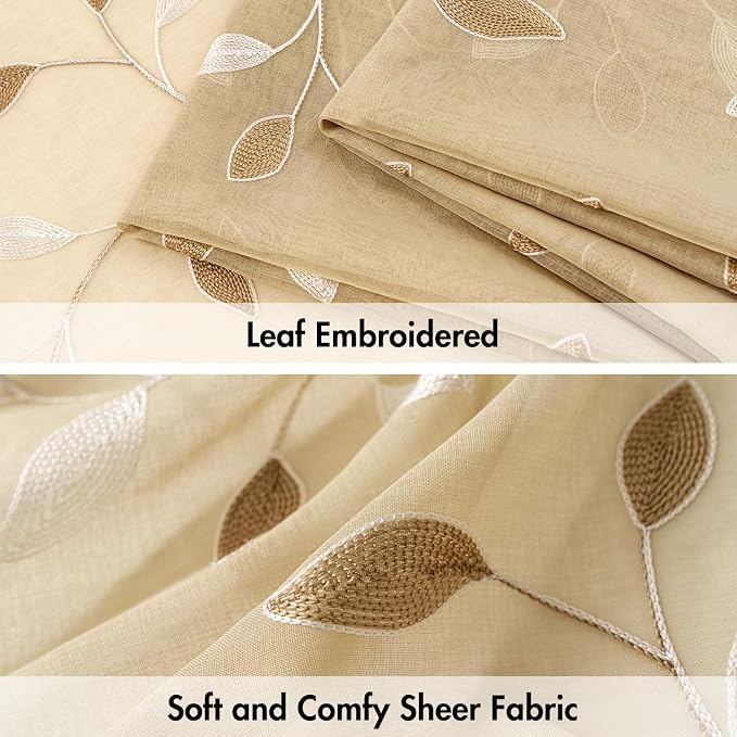 MIULEE Beige Sheer 30x36 Inches Length 2 Panels Embroidered Leaf Patterned | - Image 4