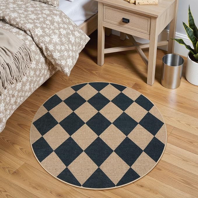 Lahome Checkered Easy Jute Round Rug 3ft, Outdoor Entryway Rug Washable | Black - Image 8