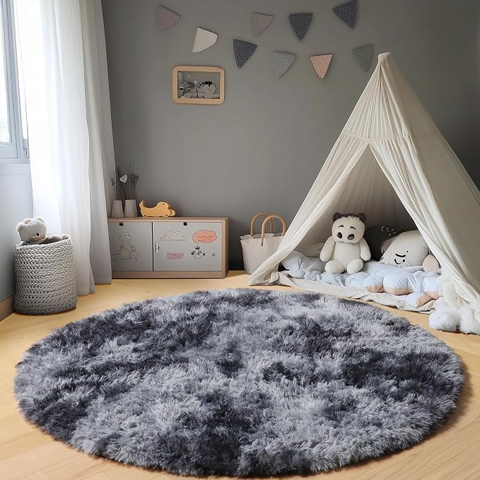 Round Rugs 6ft for Living Room Bedroom, Tie-Dyed Dark Grey Fluffy Circle Area - Image 5