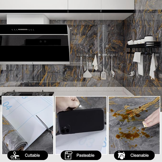 Grey Gold Marble Contact Paper for Countertops A Set of 15.7" X 472"Glossy Peel - Image 3