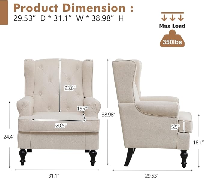 Accent Chair Set of 2, Mid Century Modern Fabric Wingback Chair, Upholstered - Image 2