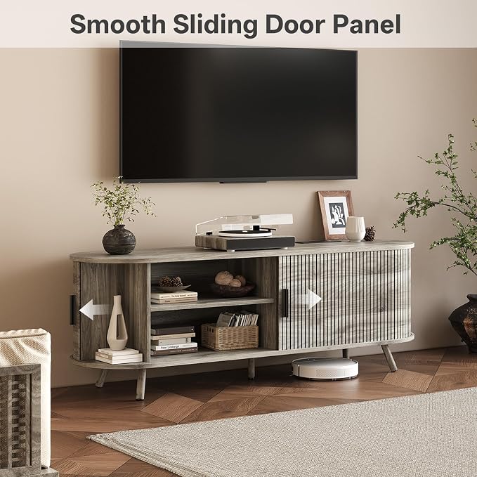 55 inch TV Stand with Power Outlet, Fluted Entertainment Center - Image 5
