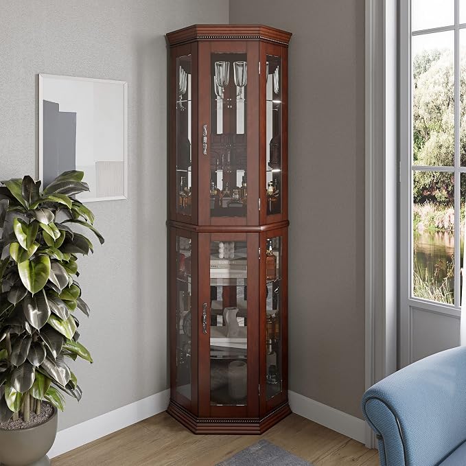 BELLEZE Lighted Wooden Corner Display Curio Cabinet, Two Section Shelving Unit by BELLEZE