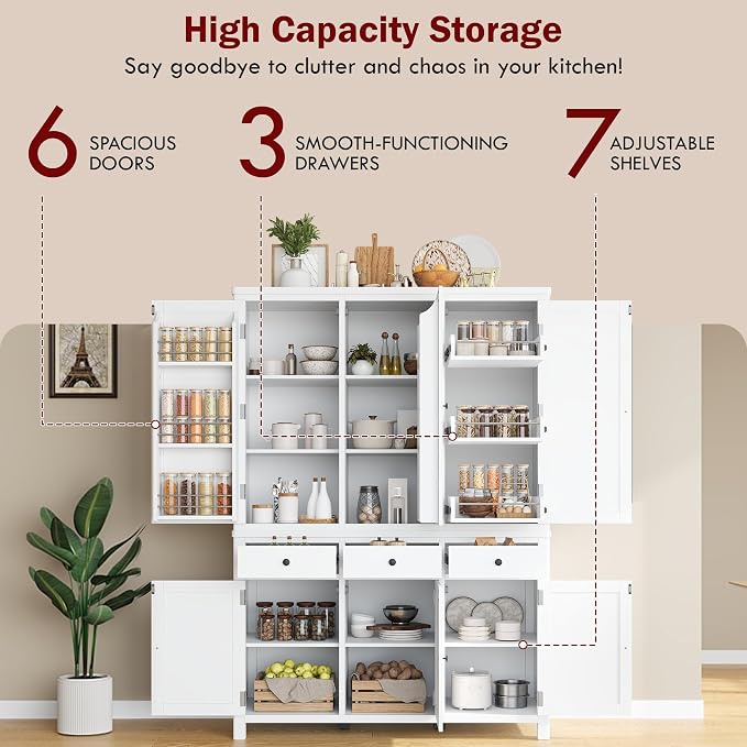 74.8''H High Freestanding Kitchen Pantry, Wooden Kitchen Organizers Cupboard - Image 6