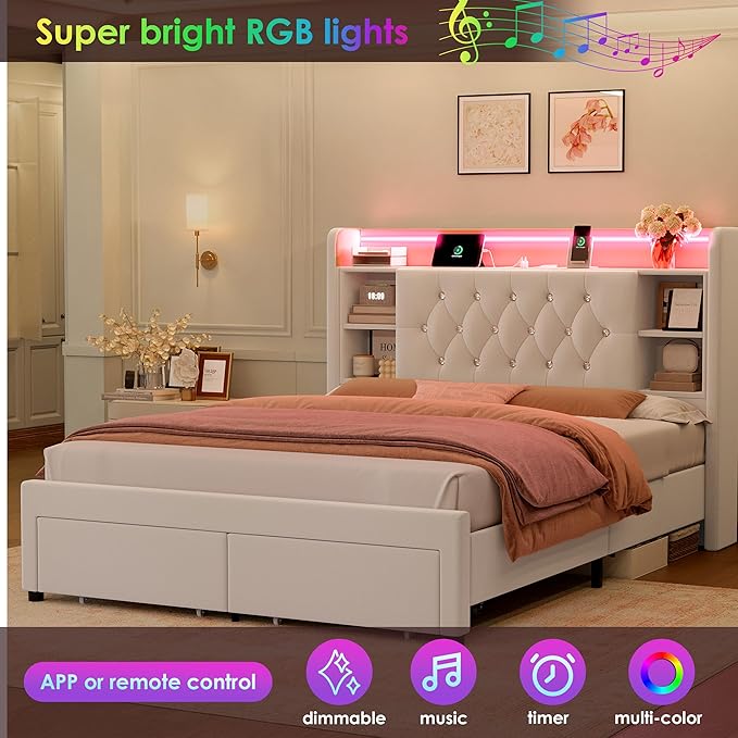 Queen Bed Frame with Drawers, Hidden-Cubby & Shelves Storage Headboard with - Image 3