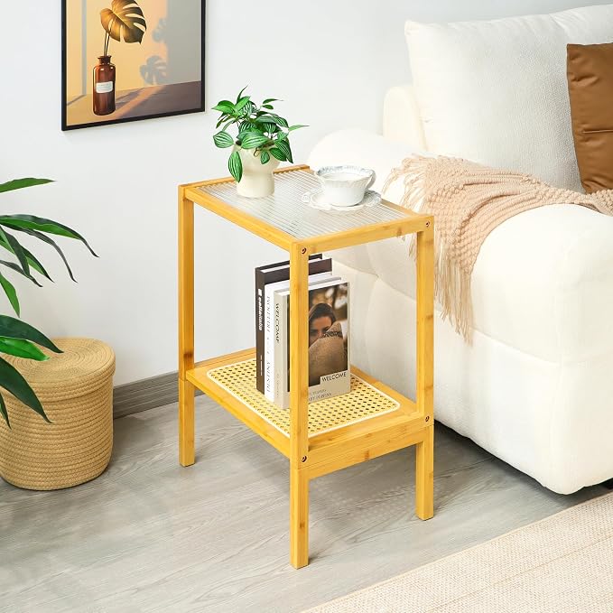 2-Tier Bamboo Side Table, Modern Glasstop Rattan Side Table, Mid Century Wood - Image 8