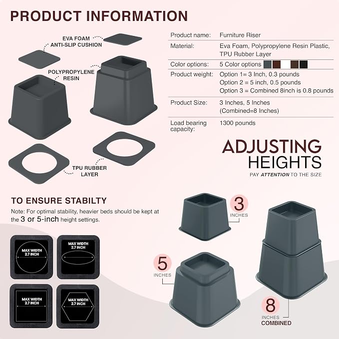 Utopia Bedding Bed Riser, 3 & 5 Inches Adjustable Furniture Risers - Image 5