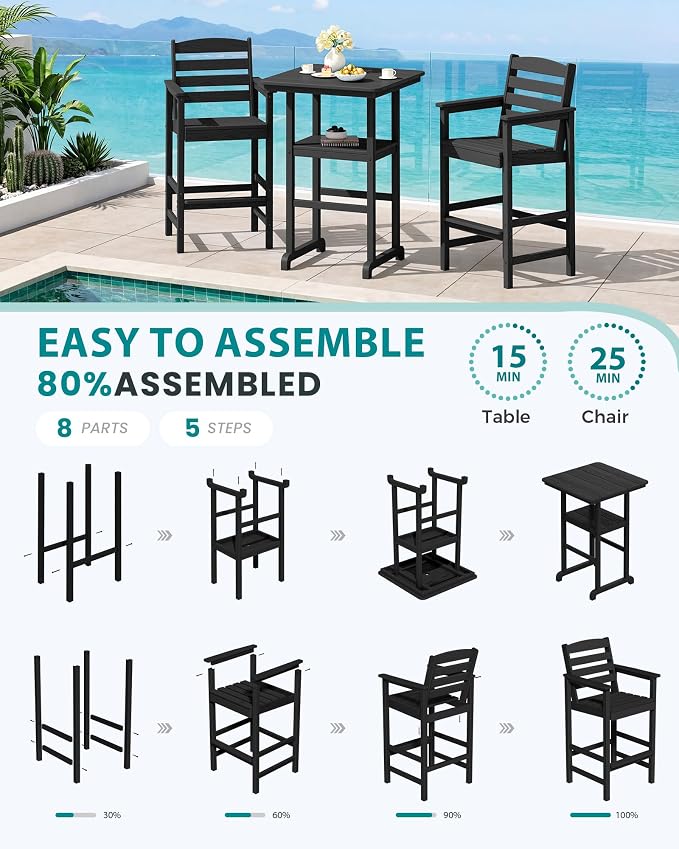 SERWALL Balcony Adirondack Chairs and Table 3 Pieces Set, Oversize Adirondack - Image 8