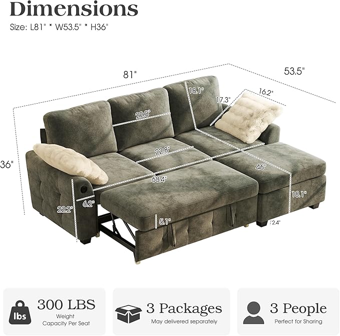 Ihanherry Modular Convertible Sectional Sofa Bed, Reversible Chaise & Storage - Image 2