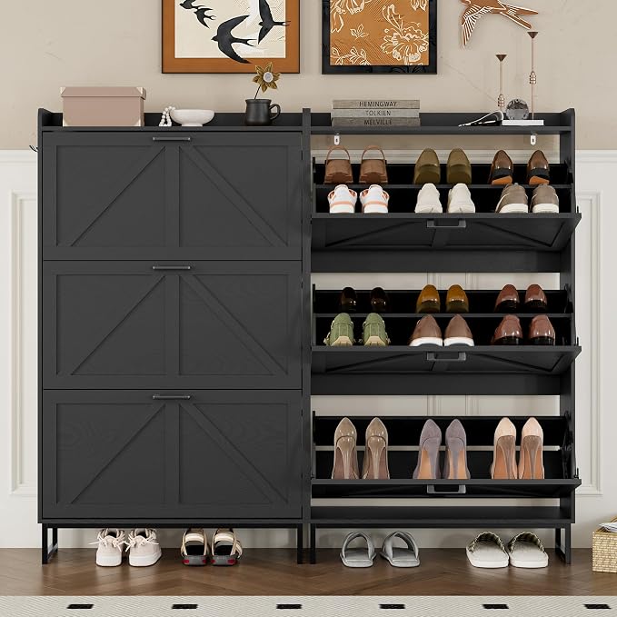 BORNOON Shoe Cabinet with 3 Flip Drawers Narrow Shoe Storage Cabinet Organizer - Image 5
