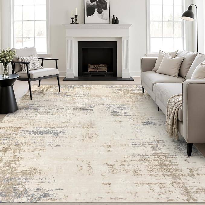 9x12 Area Rug Living Room: Modern Washable Soft Carpet Beige Brown | by FXRHLP