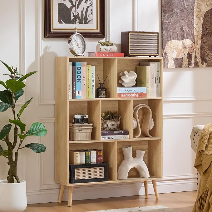 LEYAOYAO Cube Bookshelf 3 Tier Mid-Century Light Wood Modern Bookcase - Image 6