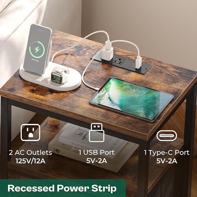Huuger Nightstand with Charging Station, Fabric Drawers, End Table with Open - Image 4