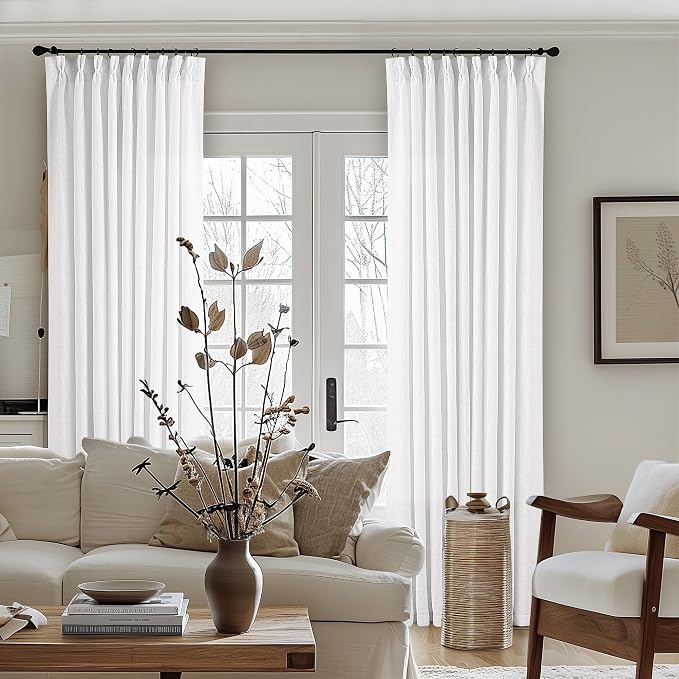 60 Inch Width Curtains 90 Inch White Linen Curtains Pinch Pleated | Linen Blend - Image 6