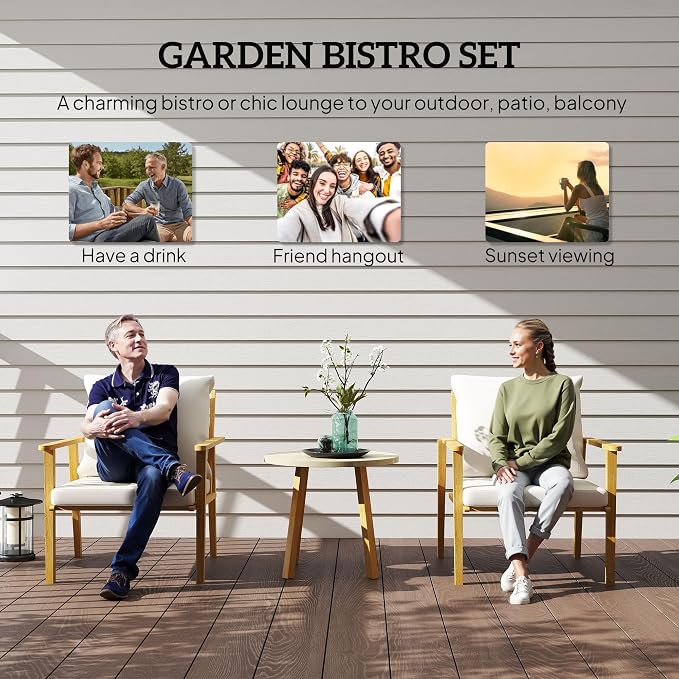 Outsunny Outdoor Bistro Set, 3 Piece Patio Set, Wood Effect Steel Round Table - Image 3
