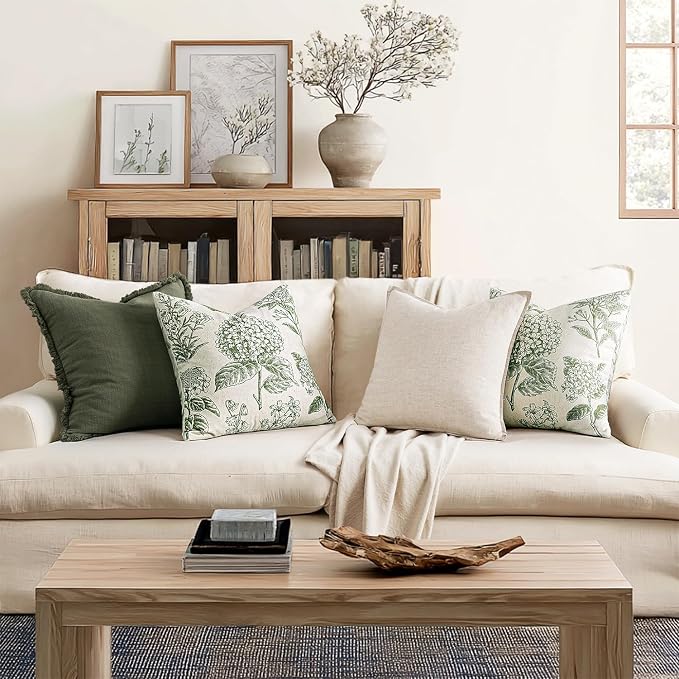 Set of 2 Decorative Floral Pillow Covers 22x22 Inch Dark Green | Neutral - Image 4