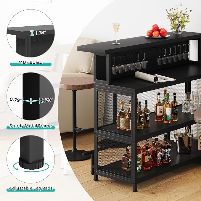 L-Shaped Home Bar Unit with Wine Glasses Holder and LED Light, Modern Bar Table - Image 6
