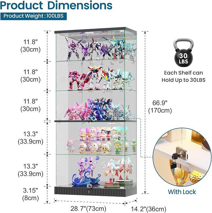 HNEBC 5 Tier Glass Display Cabinet, 66.9" Curio Cabinet - Image 2