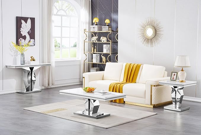 Henf Marble End Table Modern White Faux Marble Sofa Side Table - Image 5