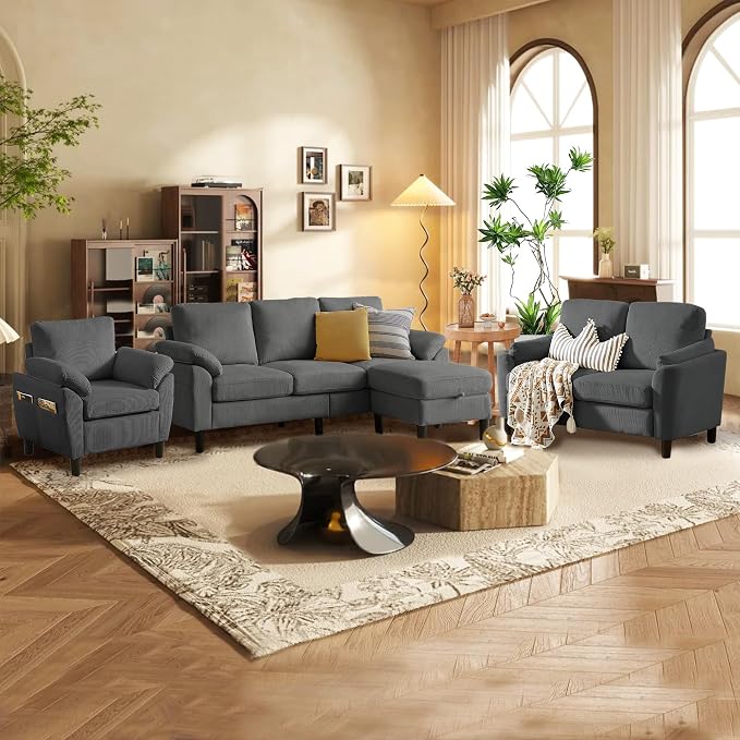4 Piece Modern Corduroy Sofa Set, L-Shaped Sectional Couch - Image 3