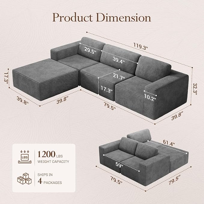 Vesgantti 119" L-Shaped Modular Sectional Sofa, Corduroy Cloud Couch - Image 2