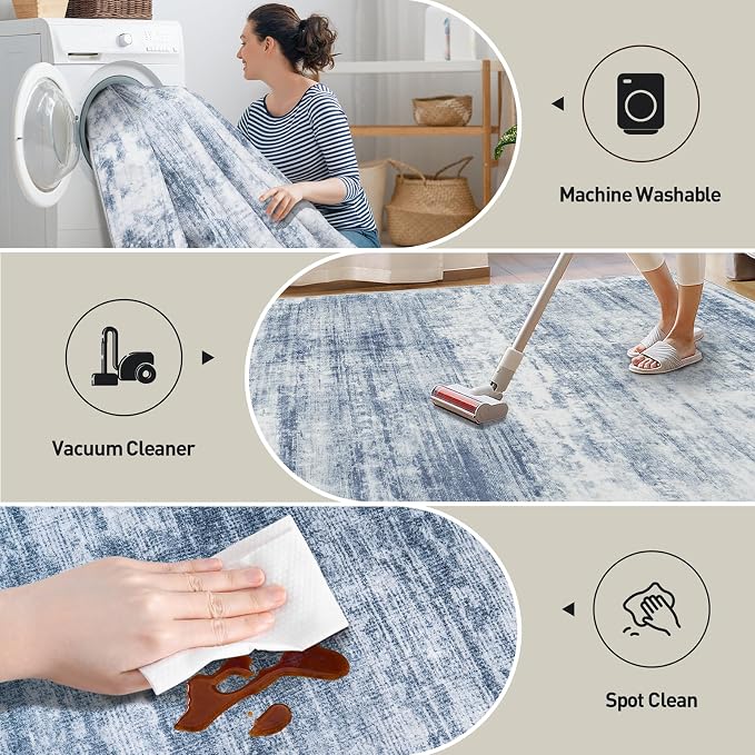 8x10 Area Rugs for Living Room: Washable Abstract Blue White Badroom Carpet | - Image 4