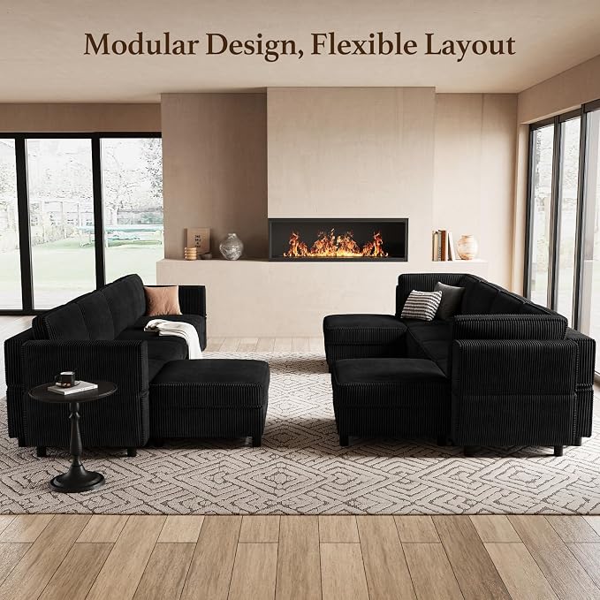 Belffin 114.2" Modular Sectional Sofa Corduroy 7 Seats U Shaped Sofa Couch - Image 8
