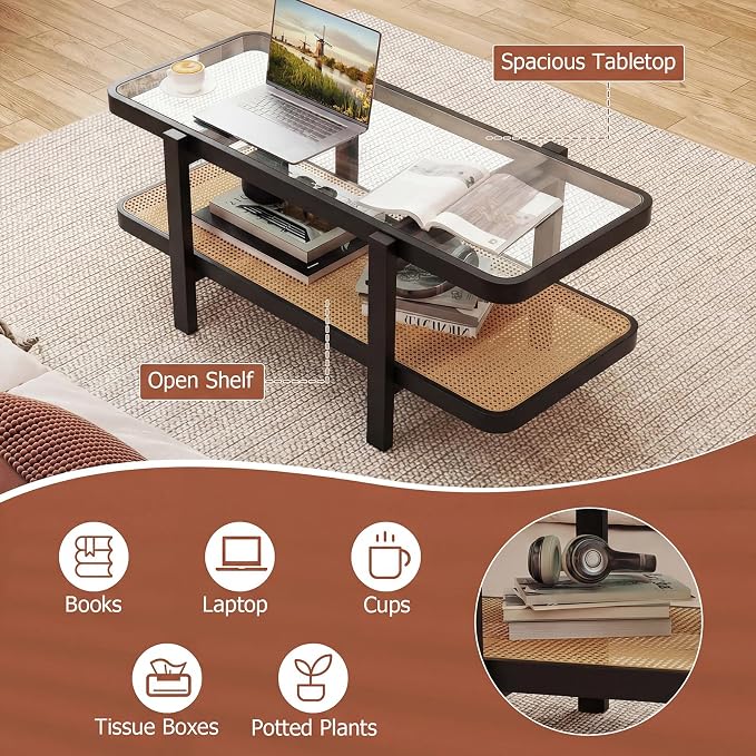 Giantex Rattan Coffee Table, 47.5" Rectangle Solid Wood Tea Table w/Tempered - Image 5