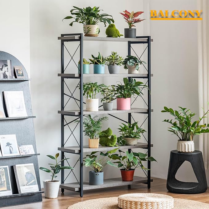 HCHQHS Bookshelf, 5-Tier Industrial Bookcase, Rustic Open Book Shelf, - Image 7