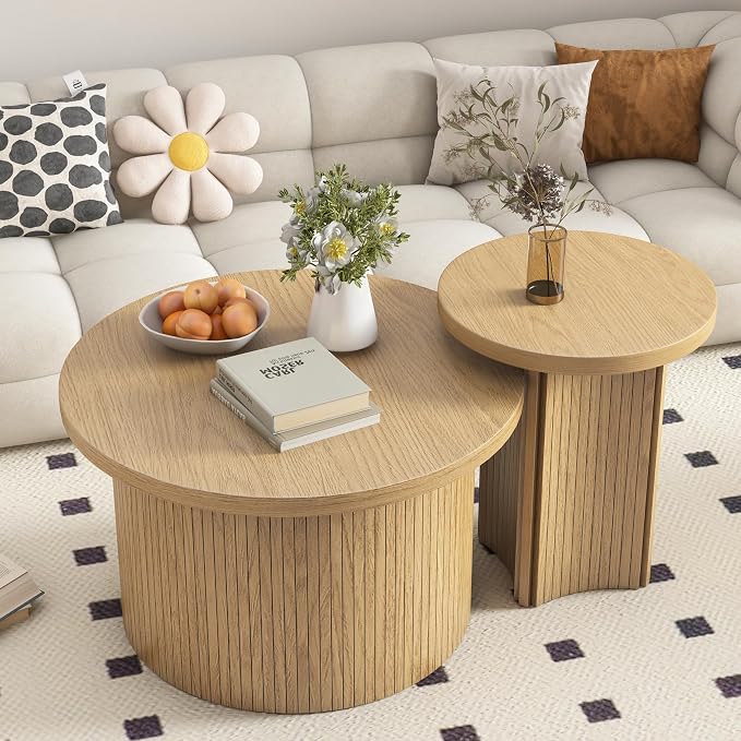 Mxtxmy Set of 2 Nesting Coffee Tables Farmhouse, Round Coffee Table Living Room - Image 3
