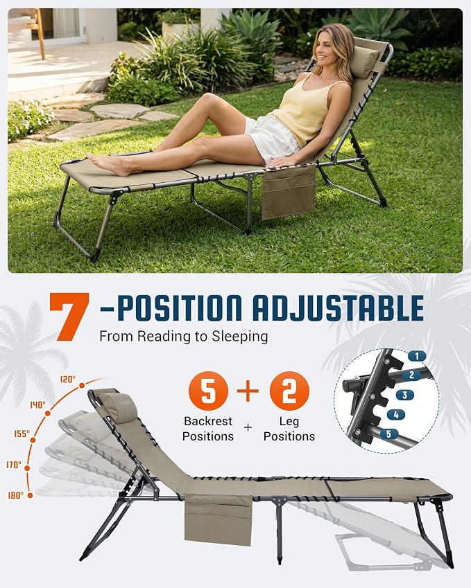 KingCamp Tanning Chair with Face Hole, Lounge Chairs Outdoor Folding Comfy - Image 6
