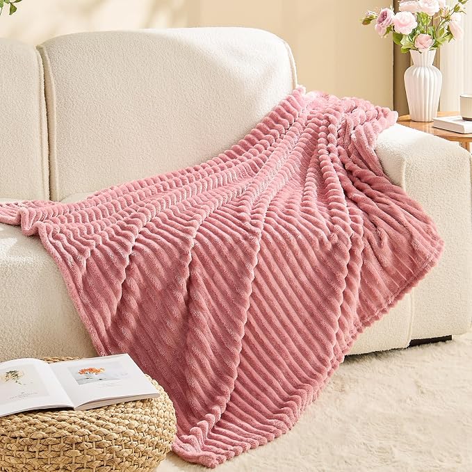 BEDELITE 3D Ribbed Jacquard Pink Fleece Throw Blanket - Image 7