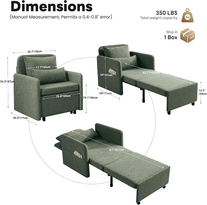 Iroomy 5-Level Adjustable Convertible Sleeper Chair, 3-in-1 Pull Out Sofa Bed - Image 3