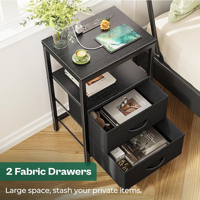 Huuger Nightstand with Charging Station, Side Table with 2 Fabric Drawers - Image 5