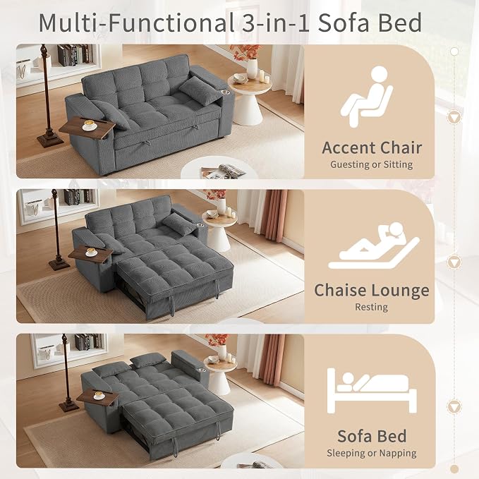 hansones 65'' 3-in-1 Folding Convertible Sofa Bed, Queen Size Pullout Sofa - Image 5